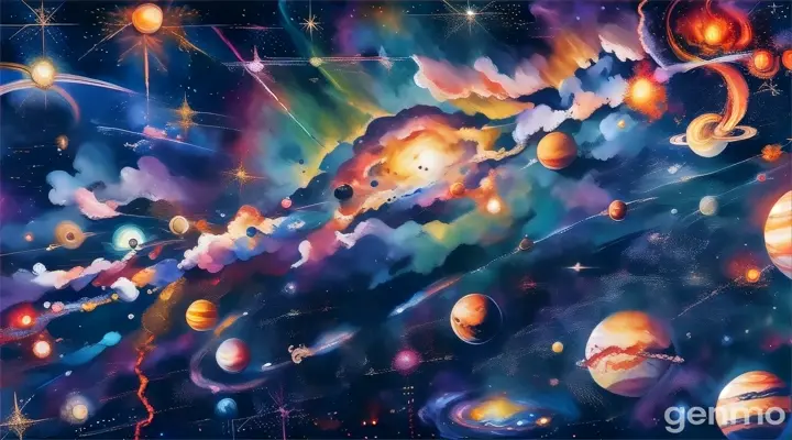 a painting of a solar system with planets and stars