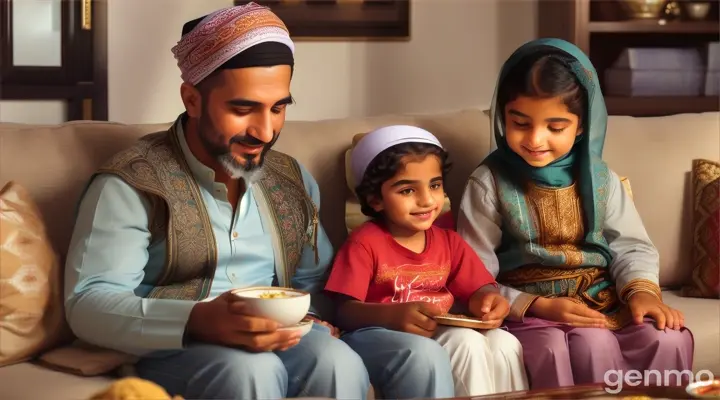 Muslim father sitting in the room with his kids Ali and Fatima