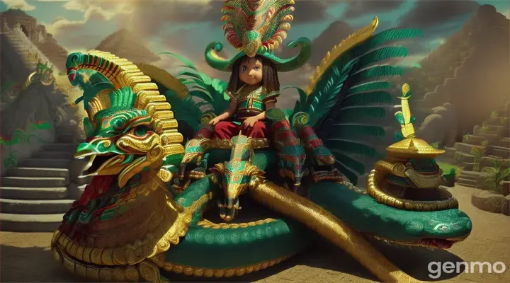 Quetzalcoatl, the Mexican feathered serpent, who is accompanied by a group of children between 4 and , Mexican Aztec warriors who are sitting on Quetzalcoatl's back, the happy and content children pay attention to their spiritual guide and teacher, Quetzalcoatl, pre-Columbian era, environment, high definition, colorful
