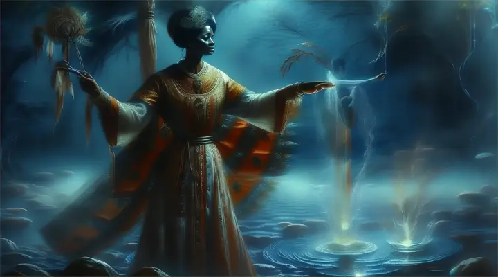 a painting of a person standing in a body of water