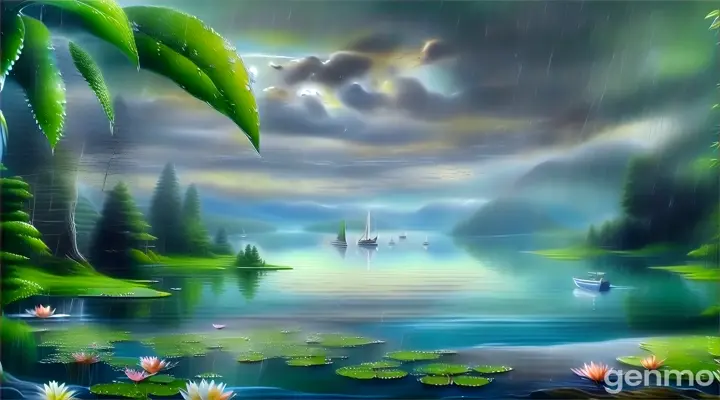 a painting of a lake with lily pads and a boat