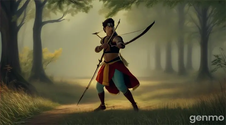 The Hunter’s Mistake

Jara, the hunter, lurking in the forest with his bow and arrow, mistaking Krishna’s foot for a deer in the distance.
The moment Jara releases the arrow, hitting Krishna's foot, with a close-up on Krishna’s calm, knowing expression.