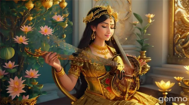 A hyperrealistic image of a celestial goddess playing a traditional string instrument like the veena, standing in a heavenly garden surrounded by glowing lotuses. Her ornate golden jewelry sparkles in the sunlight, with intricate patterns visible on her silk attire, every thread reflecting in detail.