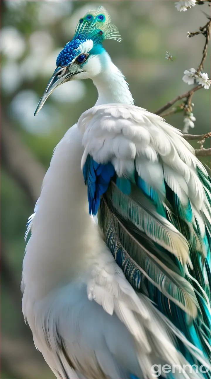 A pure white peacock with pure blue plumage on a branch of jasmine. Highlight its long flowers like plumage, flowing gently 