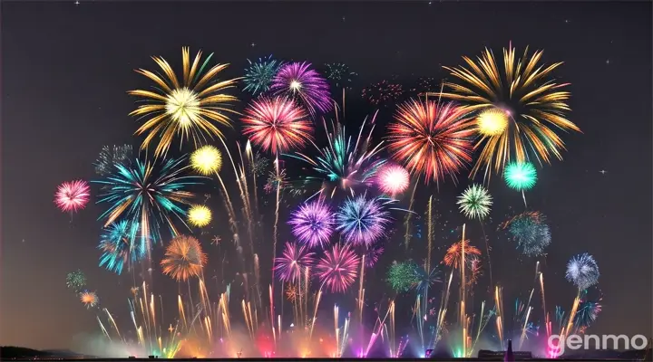 An ultra-realistic, 4K clarity, hyper-detailed scene of a lively fireworks display in the night sky. The fireworks are in vibrant colors—each representing different p-block elements like Boron (green), Carbon (white sparkles), Nitrogen (blue), Oxygen (red), Phosphorus (orange), and Halogens (purple). The sky is rich in detail with shimmering lights and an ultra-realistic crowd cheering below.)