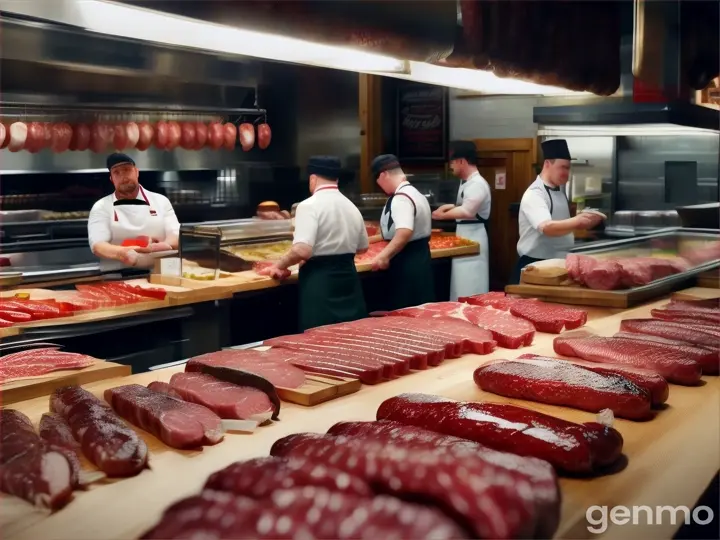 behind the counter, in a meat shop 