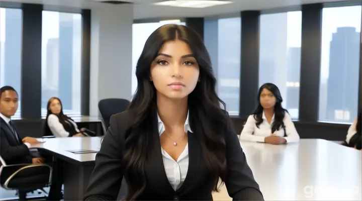 at 21st floor, inside the boardroom, a woman with Long wavy Black Hair in black business suit and white undershirt sitting between two staff at the conference table talking to someone