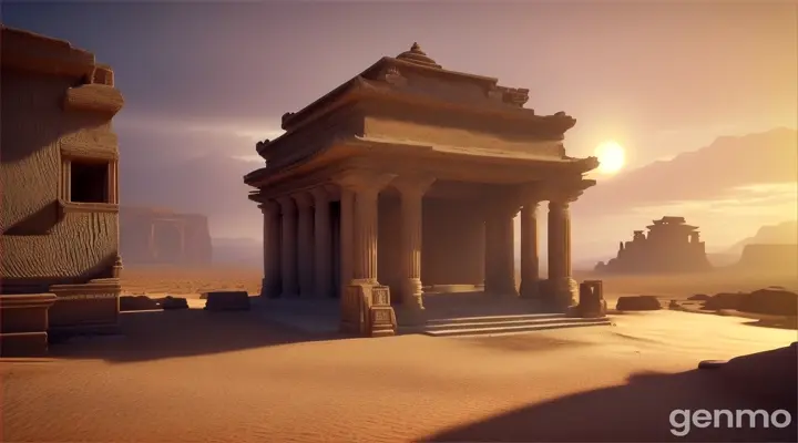The camera slowly pans over an abandoned temple in the middle of nowhere