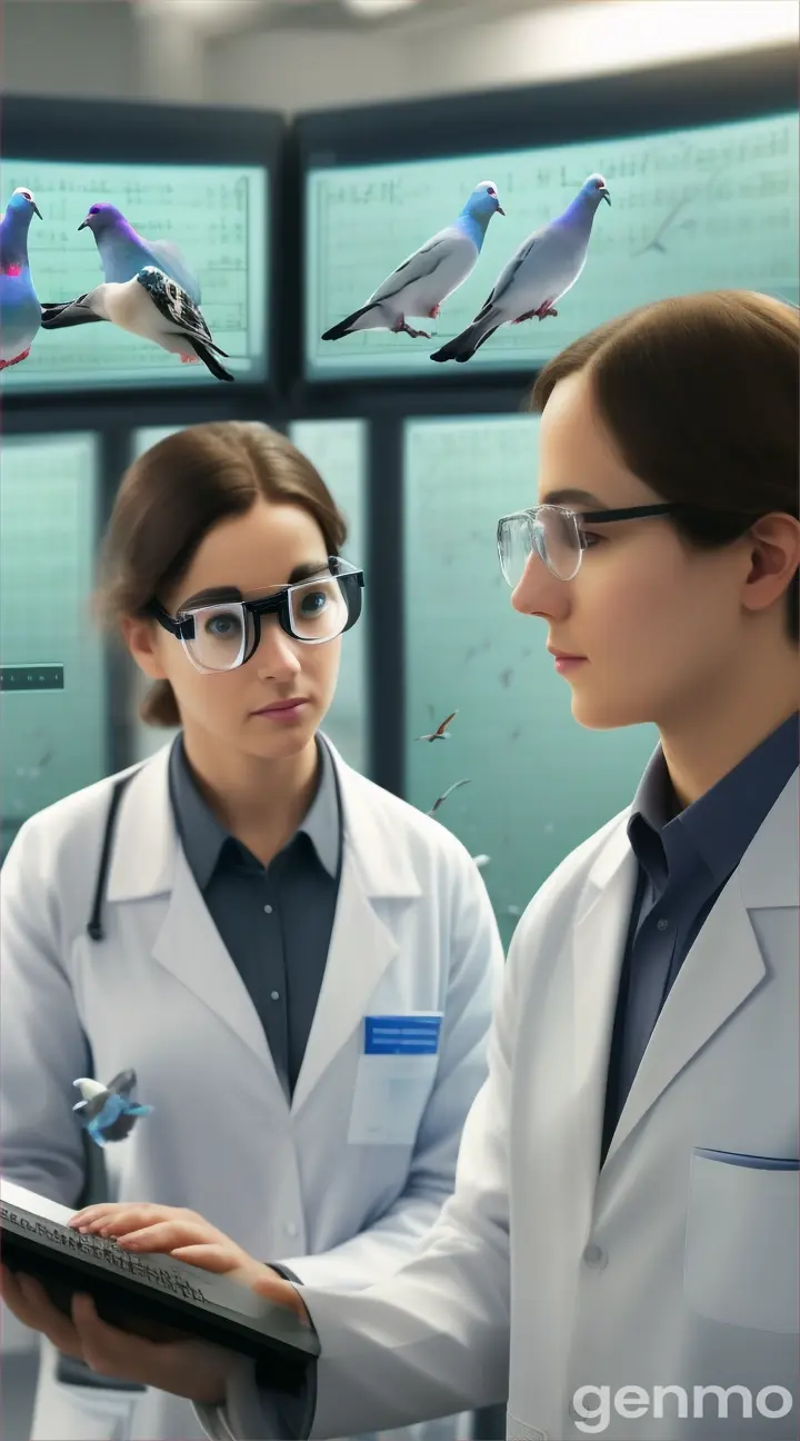 A lab with scientists observing pigeons solving simple math problems on a screen.