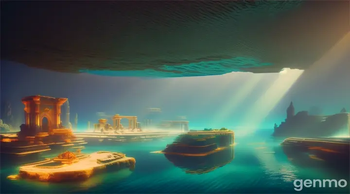 Sunken city discovered under clear blue ocean, beams of light penetrating, digital illustration