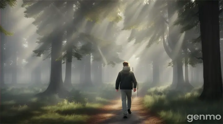 Generate animation video  A young man dressed in simple hunting clothes, walking through a dense, misty forest. The trees are tall, their branches intertwining to form a canopy, with rays of light piercing through. In the distance, shadows and unknown creatures lurk among the trees.