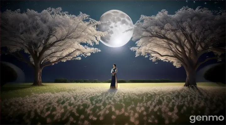 A blackboard tree with white blossoms, hovering over a woman in a beautiful saree, as moonlight illuminates her dreamscape., Drone Shot a flythrough, 16:9