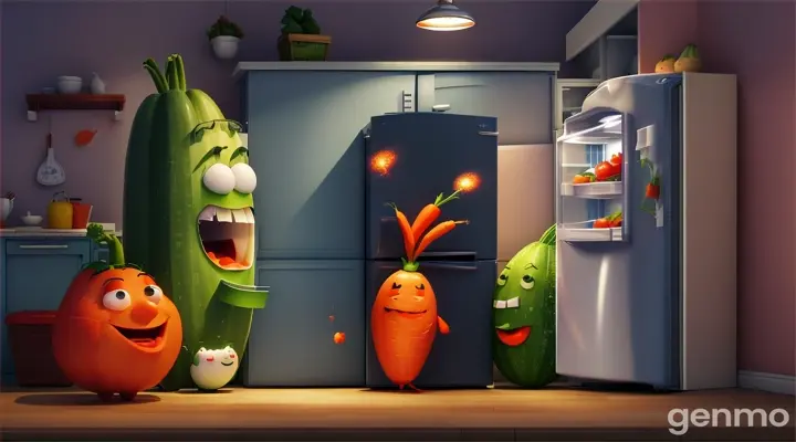 


2. "An angry carrot, a complaining cucumber, and a sad tomato having a secret meeting inside a dimly lit fridge."