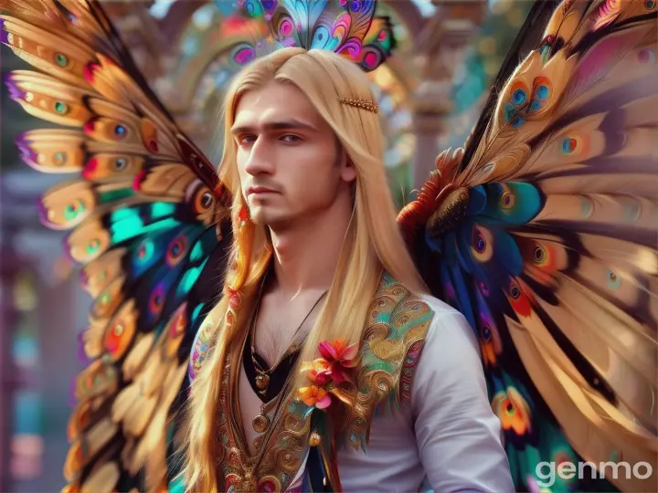 Slavic young blond long haired and thin youth with wings and a peacock tail behind his back, colorful silk veils fluttering around him, openly looks into the camera, against the background of fluttering colorful bright Hindu temples, and butterflies flutter around him