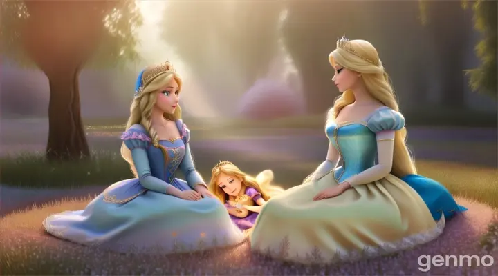 sleeping beauty and four princess Once upon a time, in a kingdom where magic and dreams intertwined, there lived four brave and beautiful princesses: Sofia, Rapunzel, Cinderella, and Snow White 3d animation