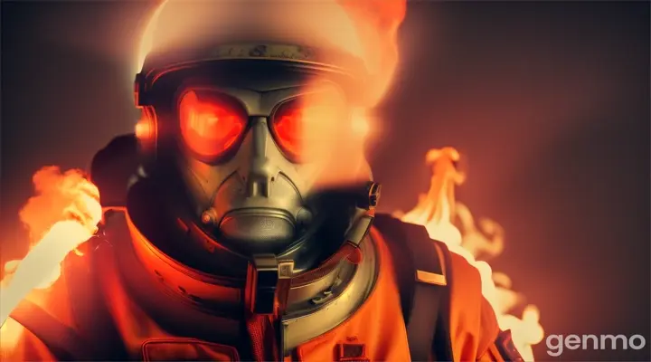 The man is dressed in an old Soviet chemical protection suit, he is in a strange convulsive stupor, thick bright orange smoke is coming from his eyes and ears, flashes of light illuminate the space around