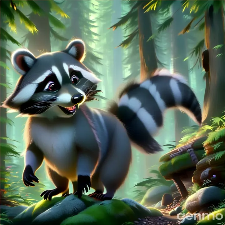 a raccoon is standing in the middle of a forest
