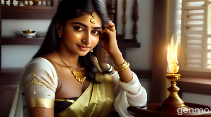 "A beautiful Kerala girl, draped in a white Kasavu saree with a rich golden border, lights a traditional brass oil lamp inside a wooden Kerala home. Her expression is serene, her hands adorned with gold bangles as she gracefully holds the lamp. The flickering flames cast a warm glow on her face, while the rich wooden textures of the home provide a traditional backdrop. The simplicity of the scene combined with the cultural significance makes it an elegant portrayal of Kerala tradition." 16:9