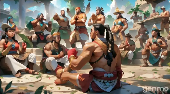 a man sitting on the ground in front of a aztec group of people in aparty