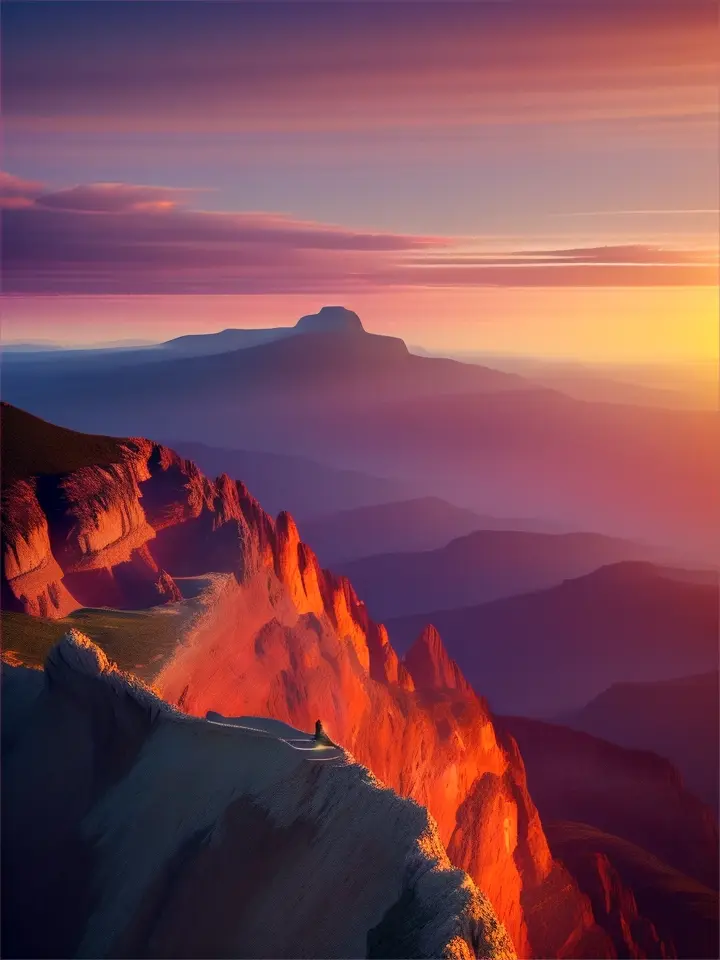 in a single, powerful , capture a dramatic atmosphere that conveys a sense of epic scale: perhaps a vast, stormy landscape with towering clouds and lightning bolts, or a lone figure standing on a mountaintop at sunset, silhouetted against the sky, with a far-off city or army in the distance, advertising style