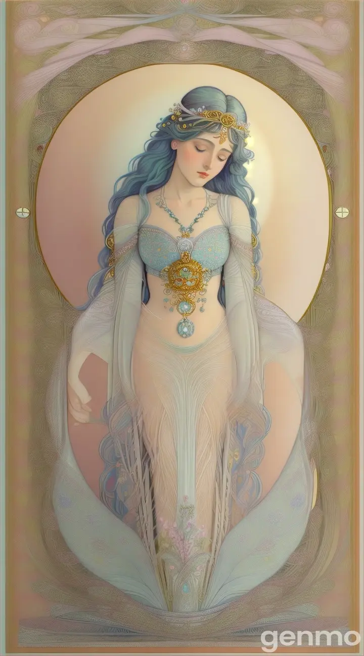 An Art Nouveau depiction of the moon as a powerful goddess, radiating soft, silvery light