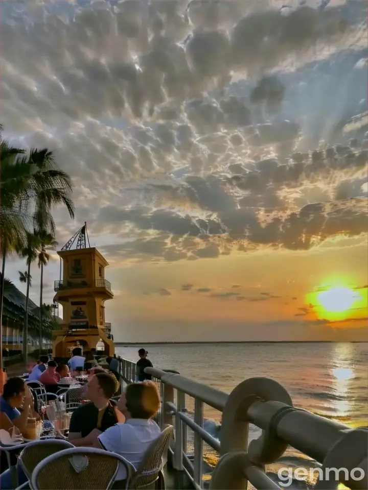 a group of people sitting at a table near the ocean