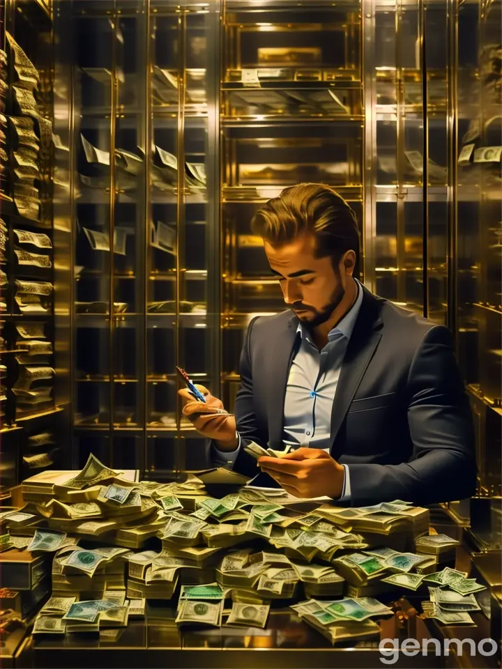 a man sitting at a table with stacks of money