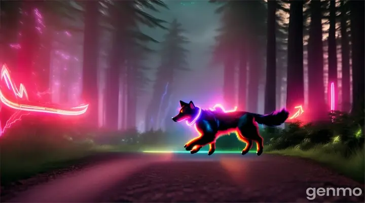 Super Dog soaring over a neon-lit forest, as if in a video game, with the stars in the background