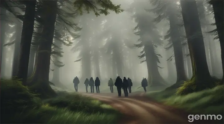 A group of trekkers walking through the misty forest, unaware of a large, mist-shrouded figure watching them from behind the trees.