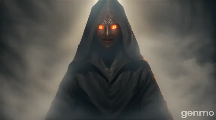 The Daravana Bhoot, a tall, shrouded figure emerging from the mist. Its eyes burn with a fiery glow, and its presence feels overwhelming and terrifying.