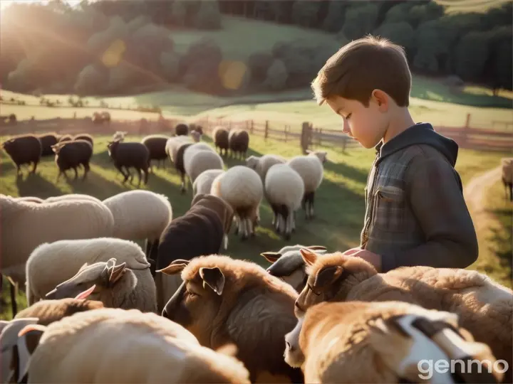 Eli, young shepard, counting his sheeps, one by one, standing near a fence