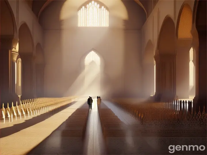 Infinite muslims standing in rows for prayer at airy dusty and old place