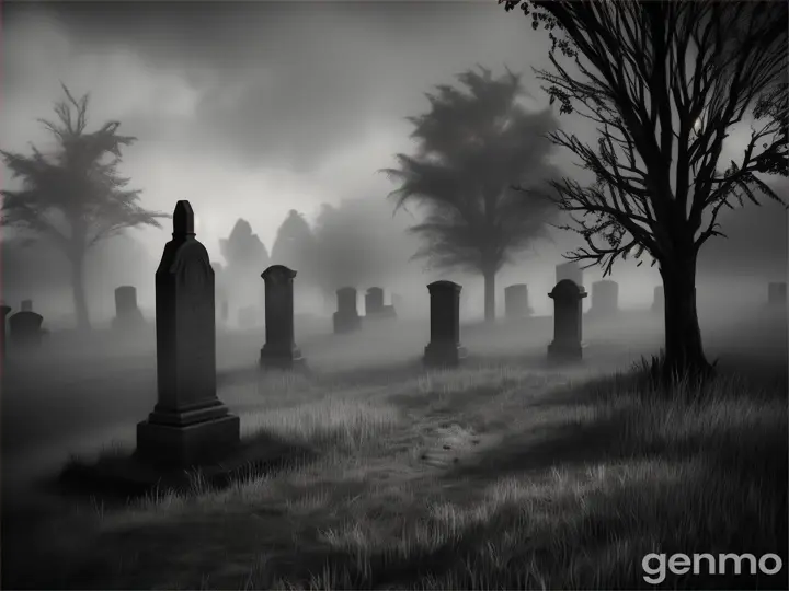 A graveyard with night and foggy background 