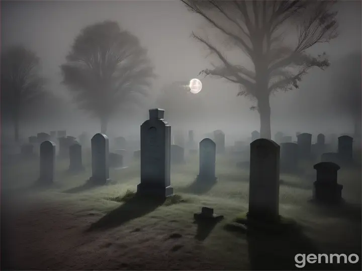 A graveyard with night and foggy background 