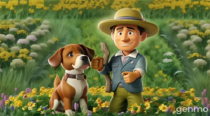 a man and a dog in a field of flowers