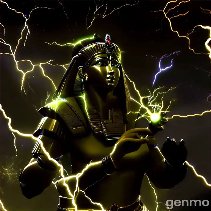 an egyptian godess holding a green lightning in her hand