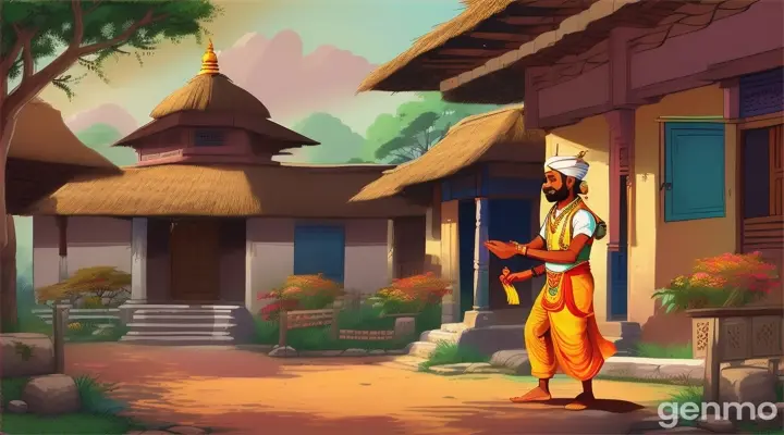 A person in dhoti enter in rural village house cartoon 