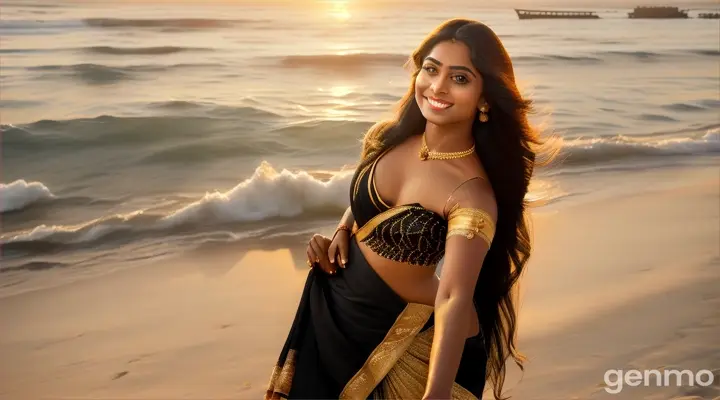 "A stunning Kerala girl wearing a traditional Black and gold saree, walking gracefully through the Beach., her long, dark hair flowing freely in the coastal breeze. Her serene smile and confident stride make her the embodiment of timeless beauty and cultural richness." 16:9