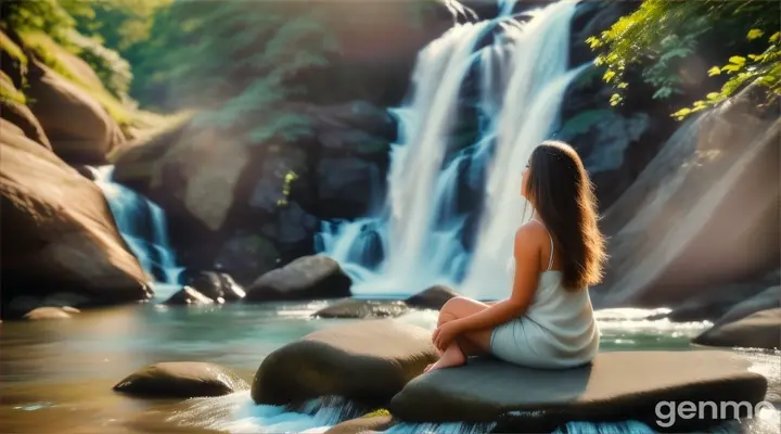 Woman sitting by a waterfall, gently moving and shaking her body like a Dance, 16:9