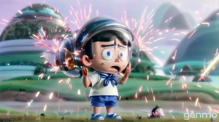 A close-up of the Talent Booster Helmet suddenly malfunctioning with sparks flying out, as Nobita stands frozen in shock, realizing the helmet is broken.