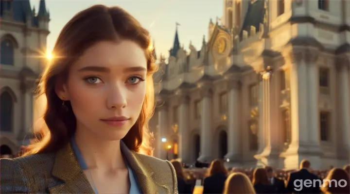 Astrid Frisbey reporting at golden hour, standing in front of a beautifully illuminated historic monument as crowds gather behind her