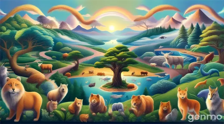 a painting of a forest with animals and trees