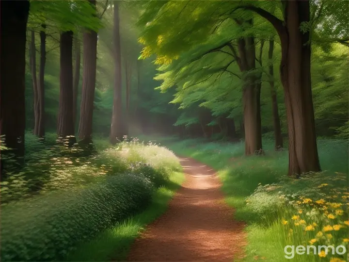 Lush Forest Path: A peaceful forest with a sun-dappled path winding through the trees, surrounded by greenery and wildflowers.