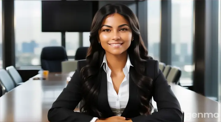 at 21st floor, inside the boardroom, a smiling woman with Long wavy Black Hair in black business suit and white undershirt sitting at the conference table talking to someone