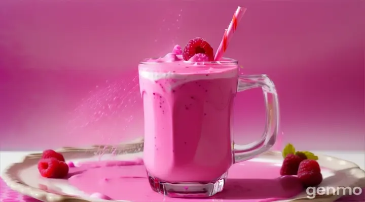 Creative food template. Close up Topping fruit raspberry raspberries glass of milk milkshake yoghurt smoothie with liquid droplet splash splashing swirl on pink background. 16:9