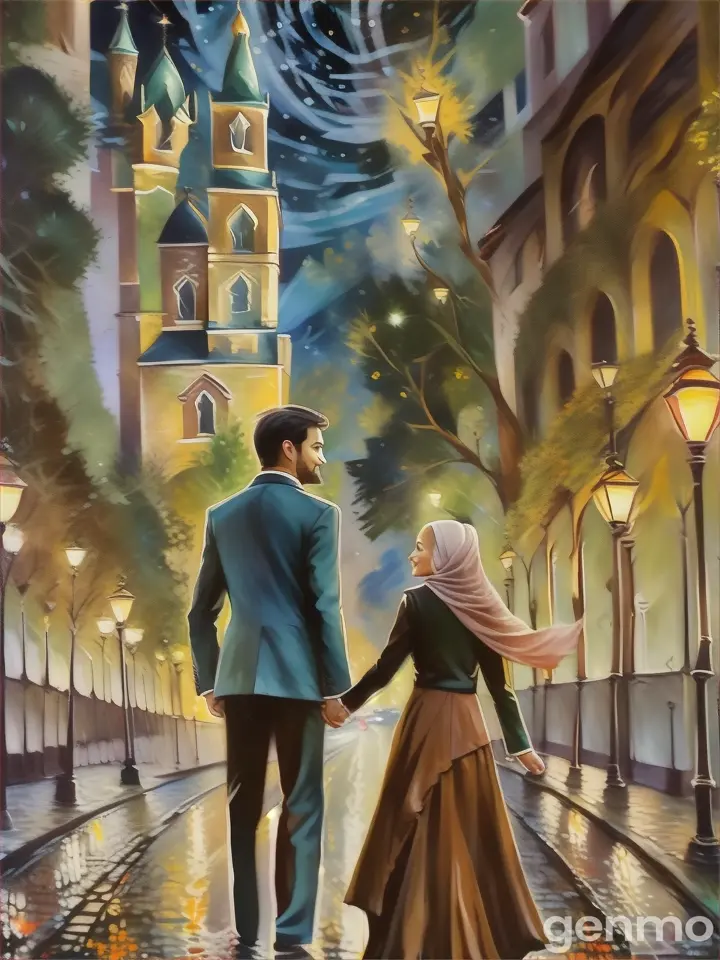 a painting of a man and a woman holding hands