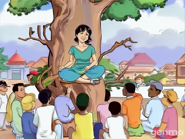 a cartoon of a woman sitting on top of a tree