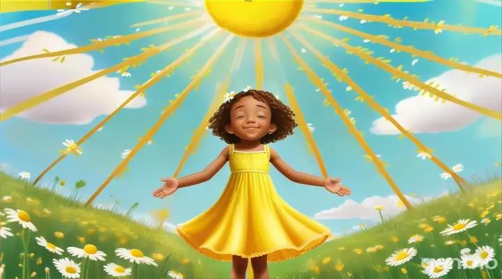 a little girl in a yellow dress standing in a field of daisies