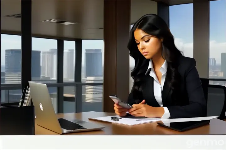 at 21st floor, inside the office room, a woman with Long wavy Black Hair in black business suit and white undershirt sitting at the office desk with white apple laptop using a cell phone