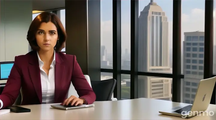 at 21st floor, inside the office room, a woman with shoulder-length Bob brown Hai in maroon business suit and white undershirt sitting at the office desk with a white apple laptop talking to someone